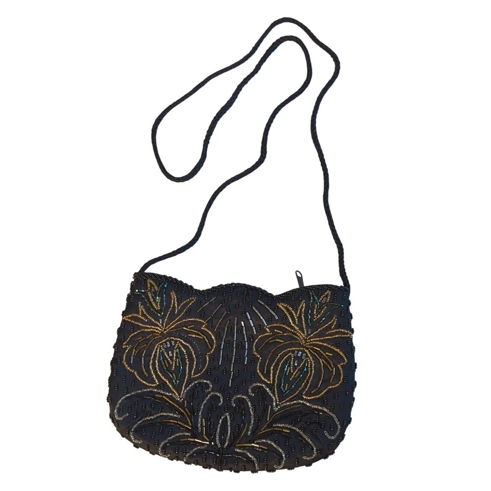 Vintage Carolyne Barton Beaded Floral Crossbody Bag in Black